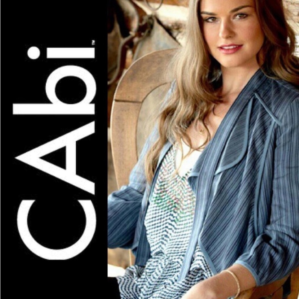 CAbi Cascade Striped Peplum 3/4 Sleeve Tie Neck Crop Jacket Size Large